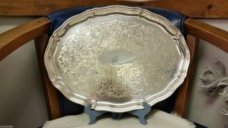 Large Oval Sheffield Silver Serving Platter English Etched Floral Leaf Design