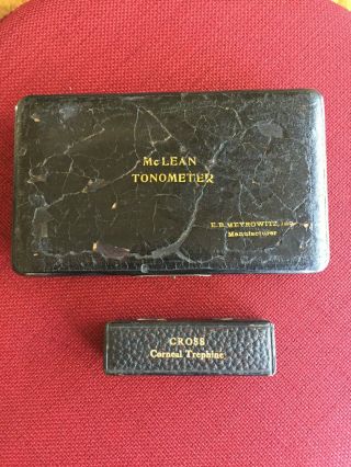 Antique McLean Tonometer & Cross Corneal Trephine,  leather boxes 2
