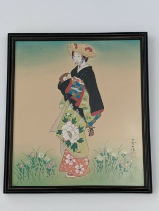 Vintage Signed Japanese Geisha Silk Painting Flower Kimono Orange Green Red