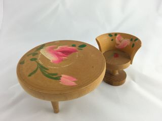 Vintage Doll Miniature Wooden Hand Painted Round Table Chair Furniture Rose