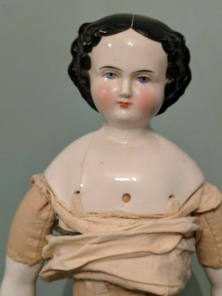 Vintage China Head Doll 18 1/2 " Tall Black Hair Unmarked 3 Holes