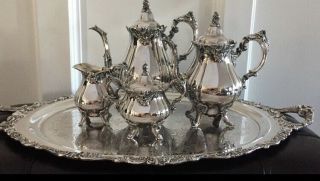 Vintage Wallace Baroque Silver Plate Tea Set 4 Pc 281 - 284 W/royal Rose Tray