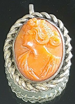 Antique Victorian Carved Red Coral Cameo Sterling Silver Pendant Charm