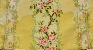 Antique 19thC French Yellow Silk Brocade Pillow Cover Roses L - 12 