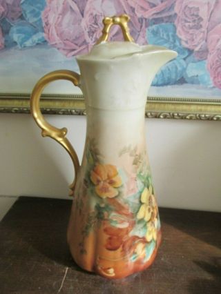 Antique Hand Painted Chocolate Pot Pitcher W/ Lid Signed E.  R.  Glade Flowers