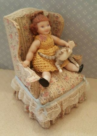 Dollhouse miniature artisan made vintage doll and wing chair,  plus kitty,  1:12 2