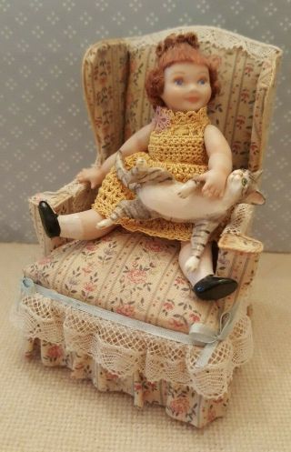 Dollhouse miniature artisan made vintage doll and wing chair,  plus kitty,  1:12 3