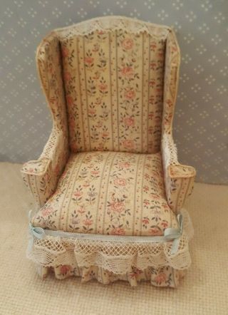 Dollhouse miniature artisan made vintage doll and wing chair,  plus kitty,  1:12 4