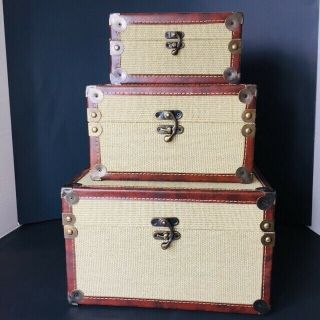 Set Of 3 Vintage Look Burlap Wooden Nesting Boxes W/ Lids & Latches Decorative