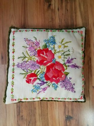 Vintage Embroidered Crewel Throw Pillow Flowers Handmade 14 " X 14 "