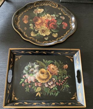 Vintage Hand Painted Tole Toleware Metal Serving Trays