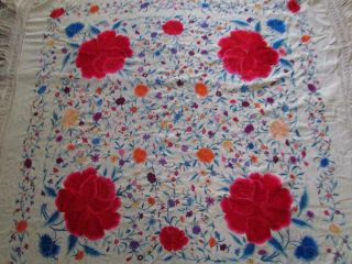 Antique Chinese Colorful Floral Embroidered Shawl Textile,  51x51 Inches
