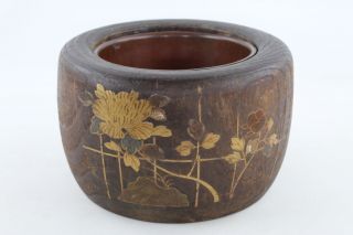 Antique / Vintage Large Wooden Planter W/ Copper Pot & Inlaid Brass Flowers