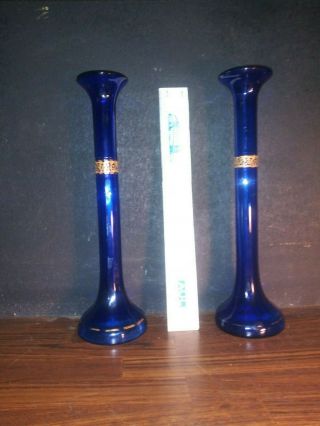 Antique Moser Glass Bud Vases Pair Cobalt Blue Gold Engraving.  Very Very Tall