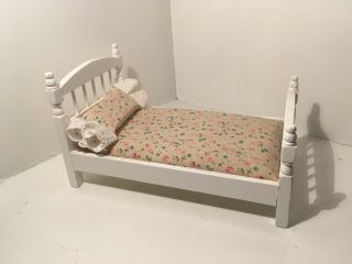 Vintage Dollhouse Miniatures Wooden Bed W/ Bedding & Pillow 60