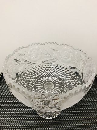 Vintage Ornate Cut Glass Crystal 10” Bowl Punch Fruit Salad Serving Floral