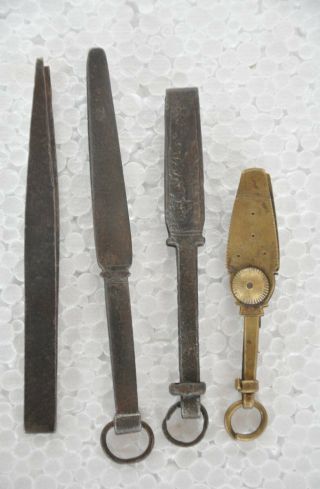 4 Pc Old Brass & Iron Inlay Engraved Handcrafted Unique Shape Tongs / Tweezers