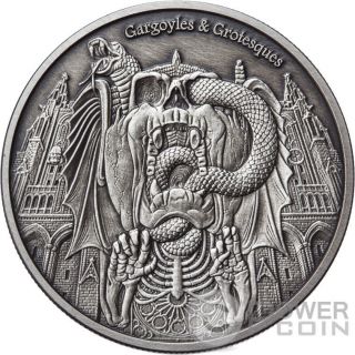 Decay Gargoyles Grotesques Antique Finish 1 Oz Silver Coin 1000 Francs Chad 2017