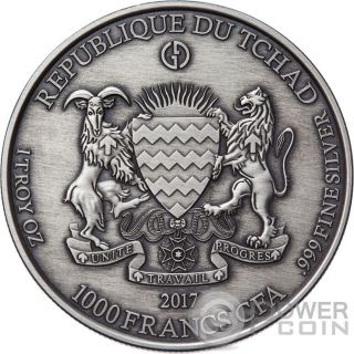 DECAY Gargoyles Grotesques Antique Finish 1 Oz Silver Coin 1000 Francs Chad 2017 2
