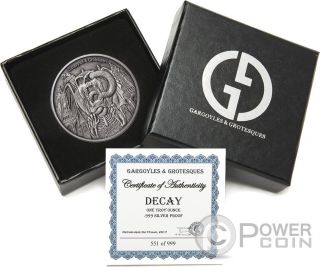 DECAY Gargoyles Grotesques Antique Finish 1 Oz Silver Coin 1000 Francs Chad 2017 3