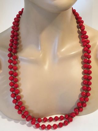 Vintage Antique Red Coral Color Spun Glass Hand Knotted Bead Opera Necklace 60”