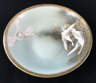 Antique Hand Painted S&k Nippon Decorative Bowl W/ Geese & Gold Trim Light Green