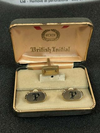 Vintage Hickok Gold Tone Cufflinks & Tie Tack Pin Clip Set British Initials " P "