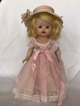 Vintage 8” Muffie Doll Blonde Hair Blue Eyes Marked Pink Dress & Bonnet