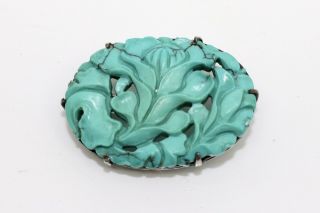 A Fine Antique Art Deco Sterling Silver Chinese Carved Turquoise Flower Brooch