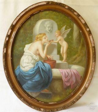 Good Sized Antique 19th C Victorian Oil On Canvas A Young Lady & Cupid C1880/90