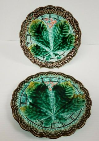 PAIR: Antique Villeroy & Boch V B Begonia Green Majolica Plates Chestnut Leaves 2