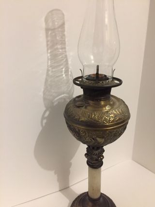 Antique B & H Oil Lamp Converted To Electric Marble Table Light Brass Glass 7