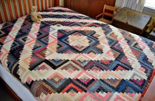 Gorgeous Antique Hand Stitched Calico Log Cabin Quilt AAFA 2