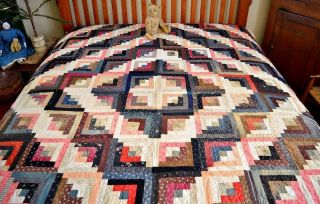 Gorgeous Antique Hand Stitched Calico Log Cabin Quilt AAFA 6