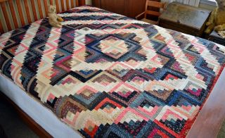 Gorgeous Antique Hand Stitched Calico Log Cabin Quilt AAFA 8
