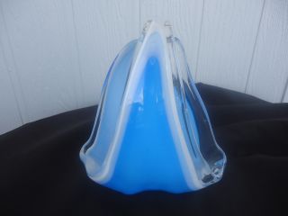 Vintage Retro Art Glass Ribbon Bowl Dish Vase Blue Handkerchief