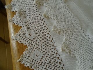 Large Vintage Irish Huckaback Linen Damask Towel - Hand Crochet Lace Borders