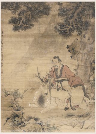 Chinese Old Scroll Painting Immortal And Deer Under Old Cypress Tree