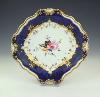 Antique English Porcelain Flower Painted Bowl - With Cobalt Blue Glazed Border