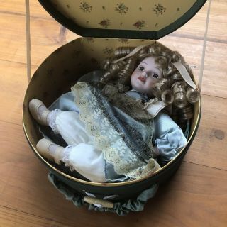 Porcelain Victorian Doll 13 In Blue Dress Long Blonde Curls Trunk Extra Outfit