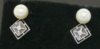 Antique 14k White Gold 0.  12ct Vs2/g Diamond And 8mm Pearl Stud Earrings
