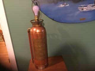 Antique Empire Copper And Brass Riveted Fire Extinguisher Lamp American Lafrance