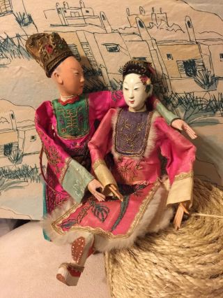 2 Antique Jointed Chinese Opera Dolls Male & Female Dragon Robe Silk Embroidery