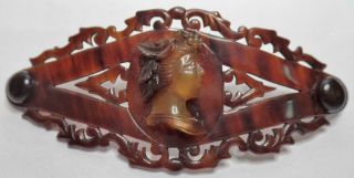 Antique Victorian Carved Pierced Faux Tortoise Shell Celluloid Cameo Brooch Pin