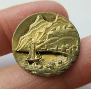 Antique Vtg Victorian Metal Picture Button W/ Sailboat On Water (k)