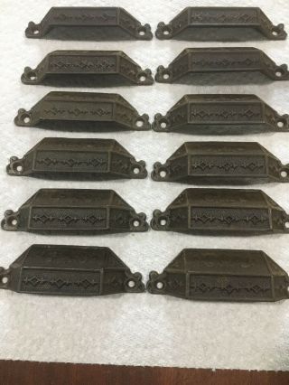 12 Matching Antique Ornate Cast Iron Victorian Drawer Bin Pull Cup Handle 1869