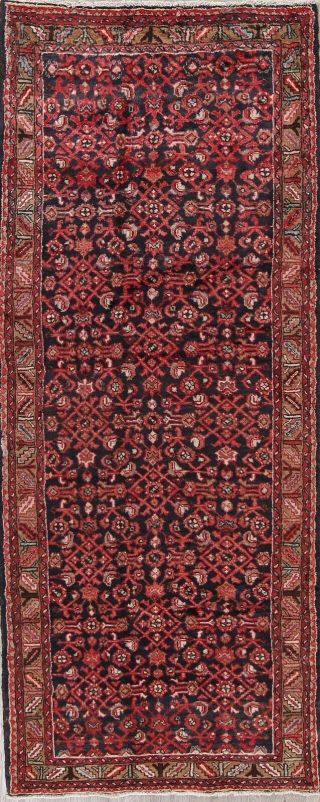 Hamedan Persian Runner Wool Rug Handmade Oriental Geometric 4x10 Vintage Carpet