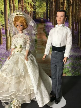 Ooak Vintage White Ginger Barbie And Ken Wedding Bride Groom Ensemble Set