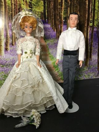 Ooak Vintage White Ginger Barbie And Ken Wedding Bride Groom Ensemble Set 2