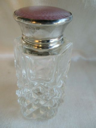 Antique Crystal & Sterling Silver & Pink Guilloche Enamel Perfume Bottle 1912